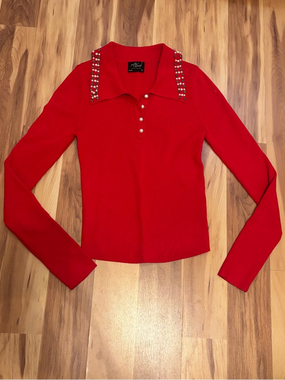 Milk & Honey Red Embellished Collar Long-Sleeve Top Size Small